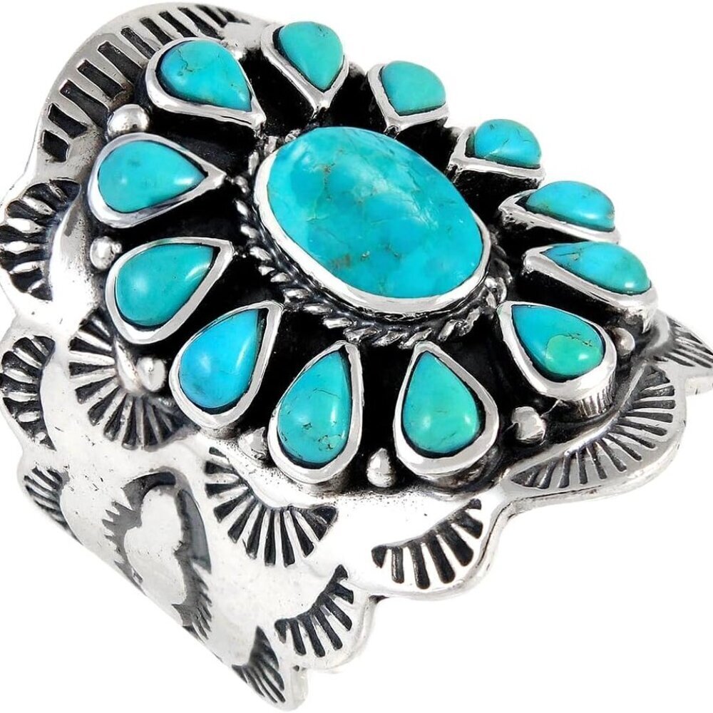 Sterling Silver Turquoise Gemstone Ring Womens Size 7 Wide Band Jewelry
